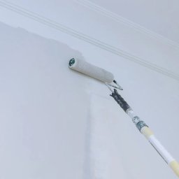 Dr Myjka - Malowanie ściany wałkiem teleskopowym na biało. Widoczna świeżo pomalowana powierzchnia i fragment listwy przysufitowej. Praca w toku.