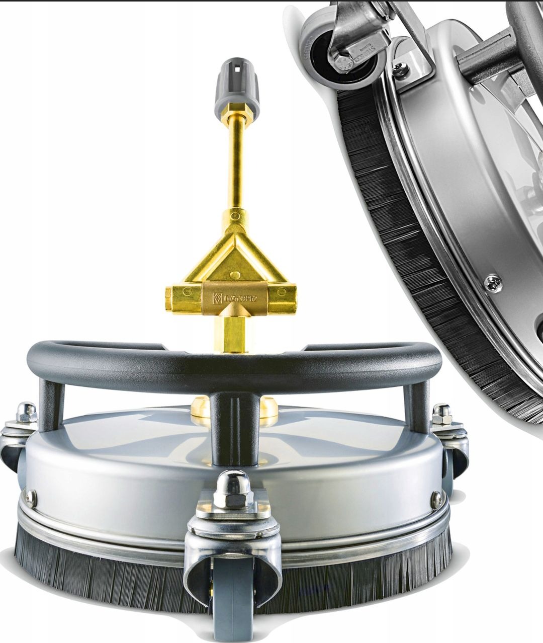 Szczegółowe ujęcie profesjonalnej myjki do powierzchni płaskich z obrotowymi dyszami i szczotką, na kółkach, z elementami mosiężnymi i srebrnymi.