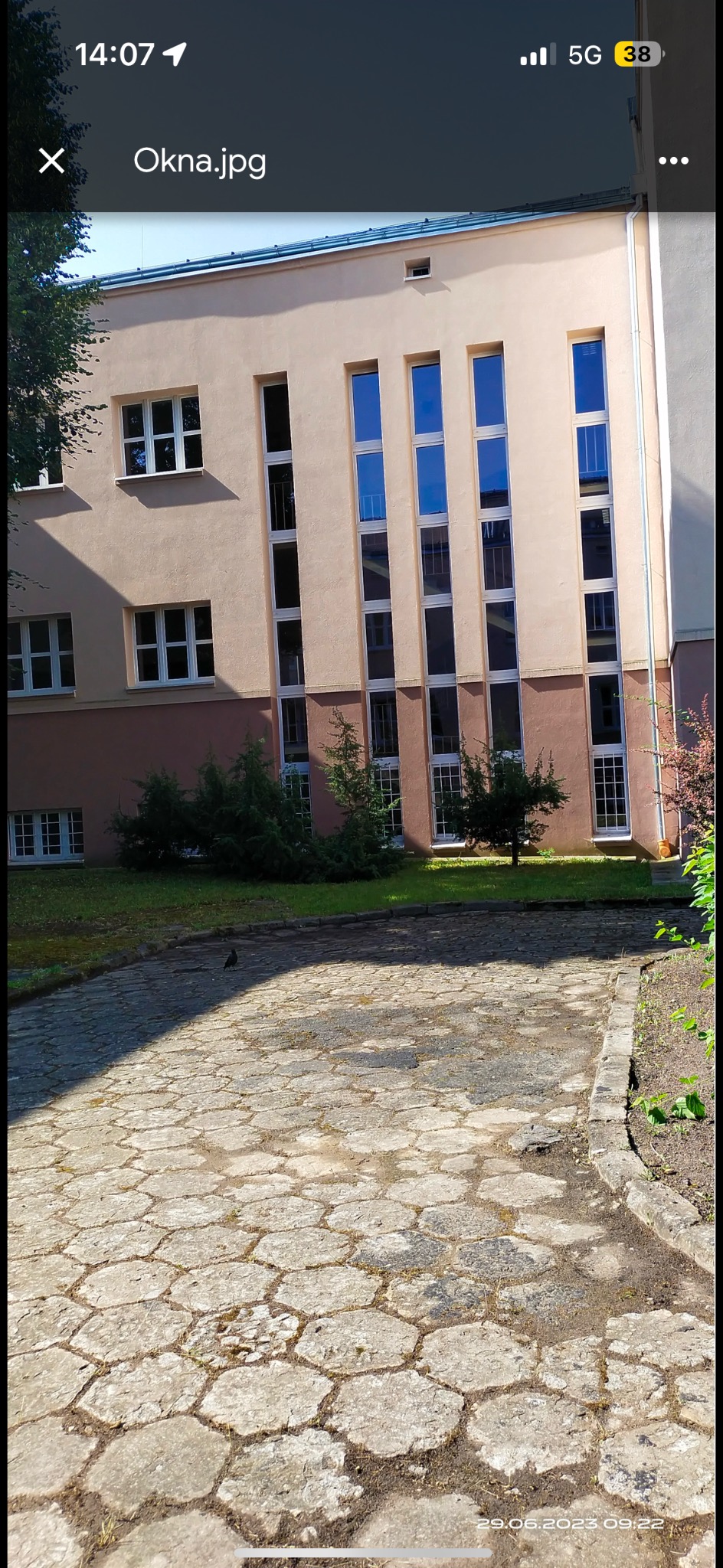 Elewacja budynku z rzędem wysokich, wąskich okien odbijających niebo. Kamienny chodnik i zieleń przed budynkiem. Widoczne odbicia w oknach.