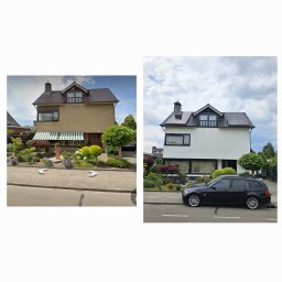 Usługi Wykończeniowo- Remontowe Robi-Bobi Robert Orzłowski - Zdjęcie 'przed i po' prezentujące metamorfozę elewacji domu: od beżowej cegły z markizą do białej z panelami słonecznymi. Zmiana koloru, stylu i dodanie nowoczesnych elementów.