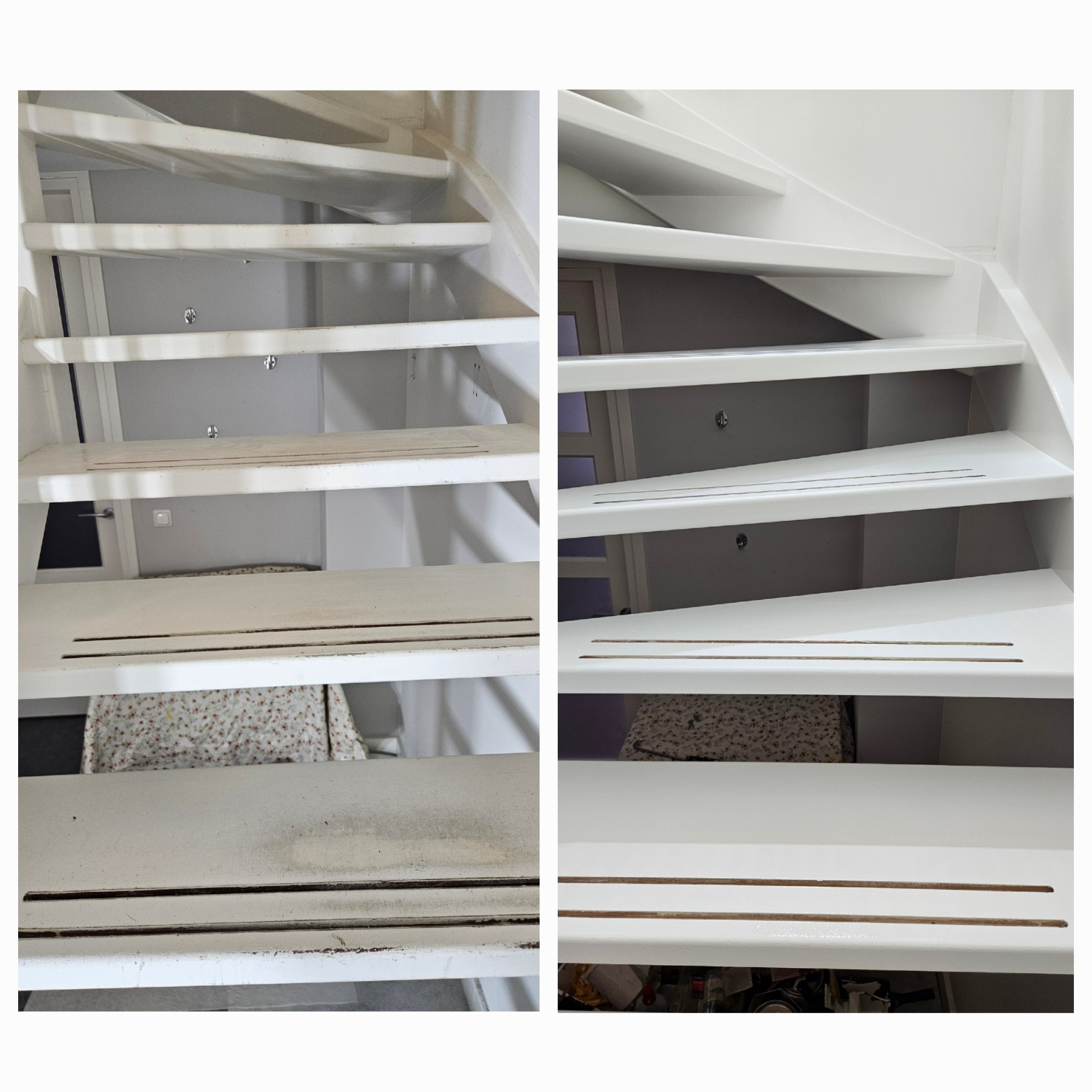 Zdjęcie 'przed i po' malowania schodów na biało. Po lewej schody przed malowaniem, po prawej - świeżo pomalowane, gładkie, bez zabrudzeń.