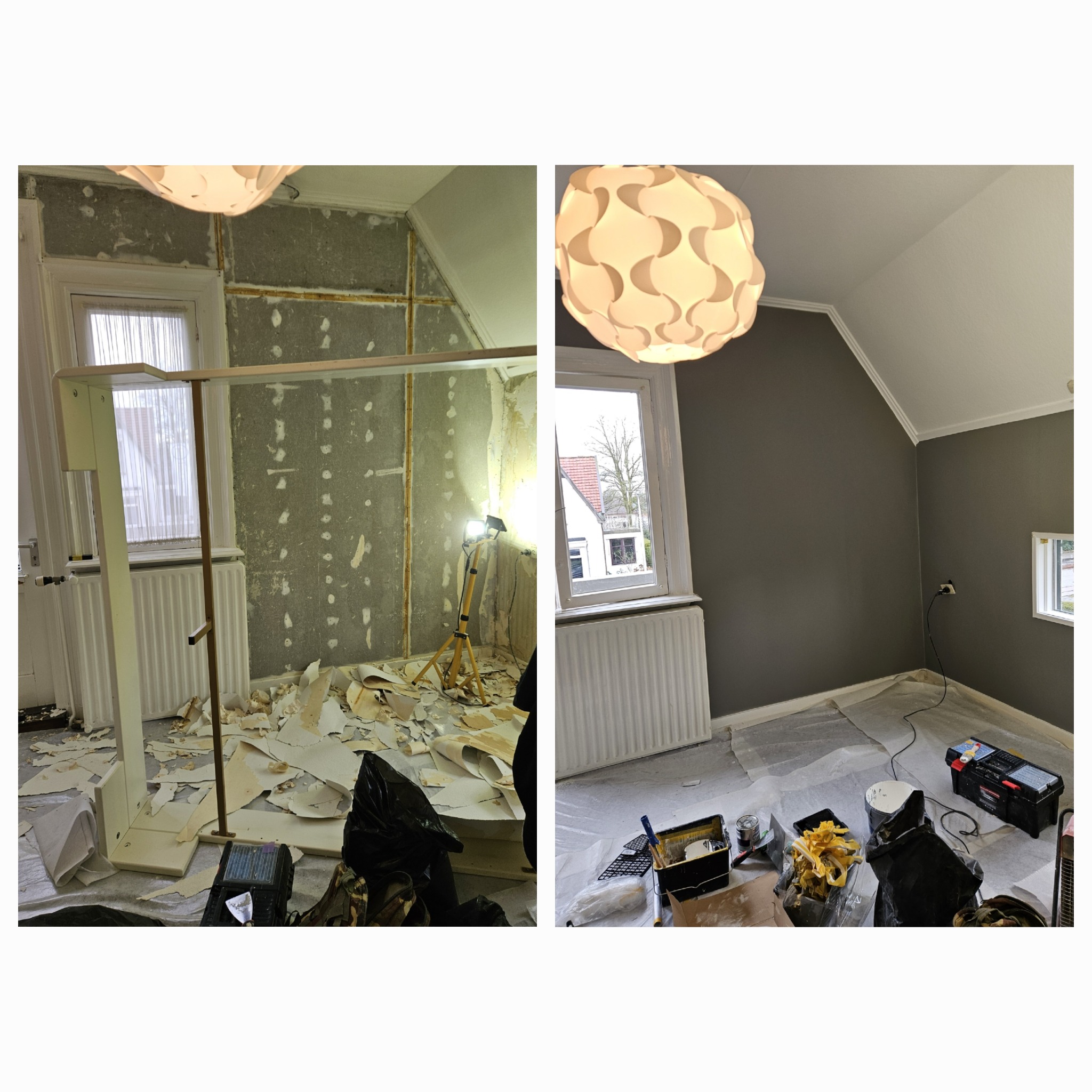 Zdjęcie 'przed i po' przedstawia pokój: po lewej - ściany z resztkami tapety, po prawej - pomalowane na szaro, z białym sufitem i listwami. Widoczna lampa, okno i grzejnik.