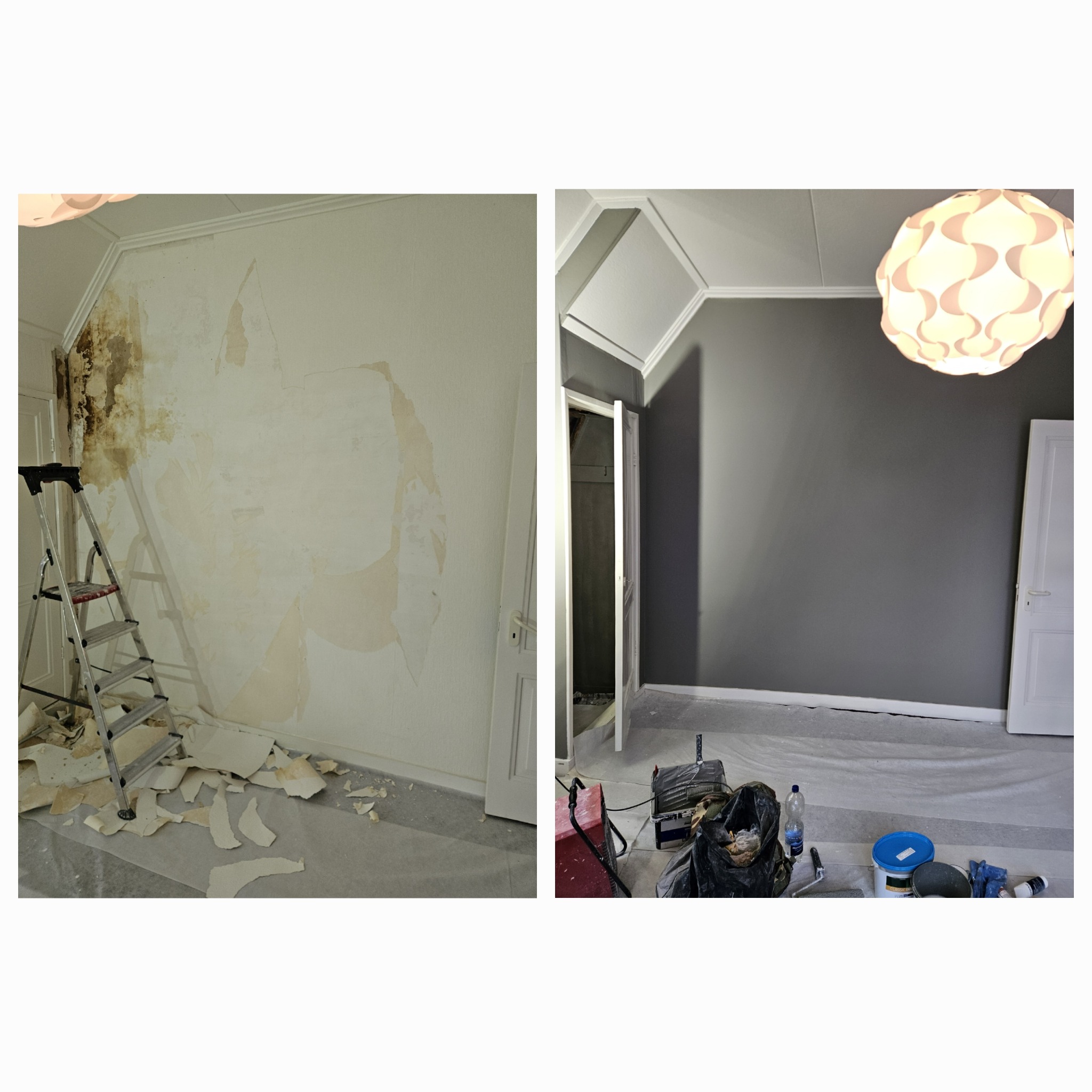 Pokój przed i po remoncie: z lewej ściana z resztkami tapety i drabiną, z prawej ściana pomalowana na szaro, widoczny sprzęt malarski i lampa sufitowa.