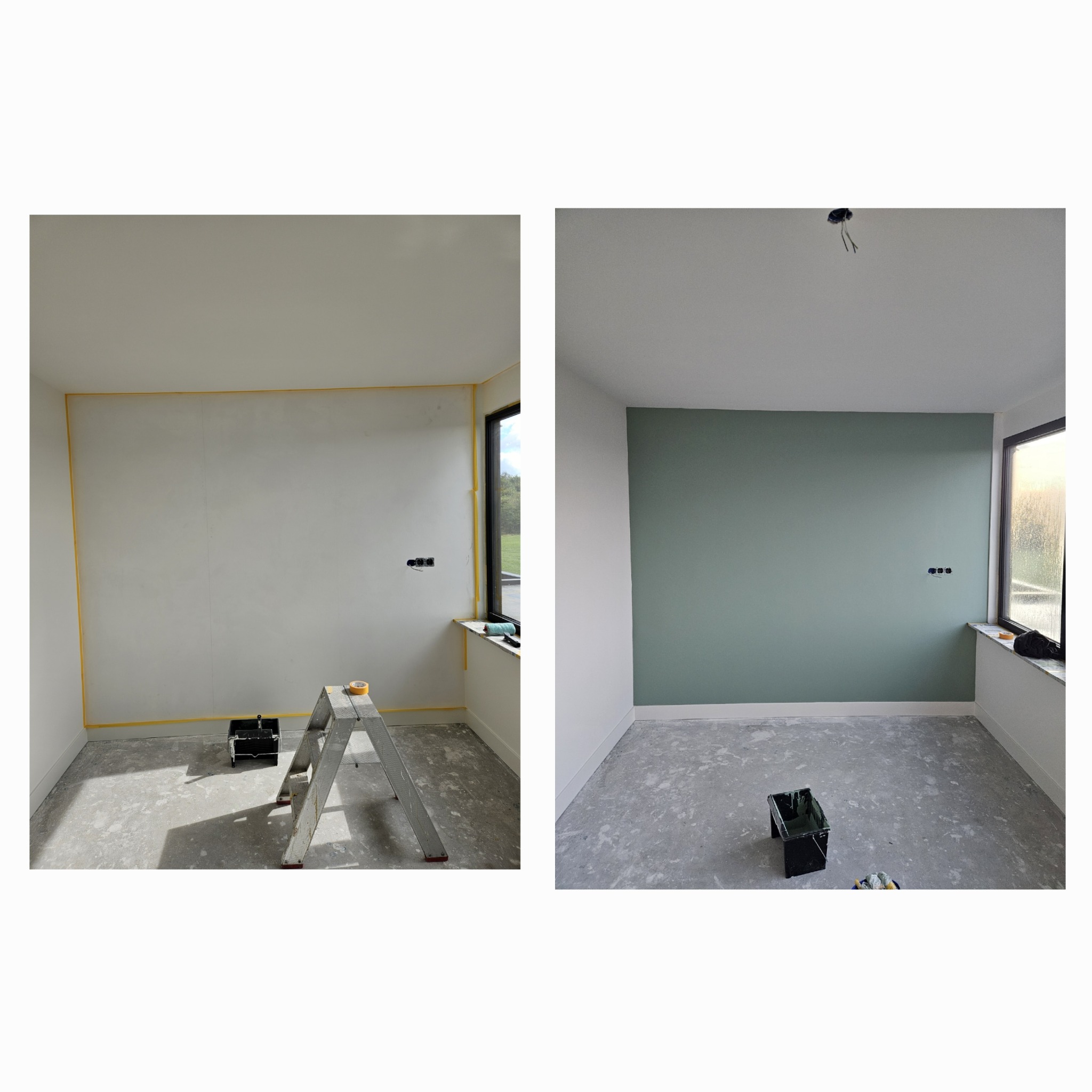 Pokój przed i po malowaniu: ściana z taśmą malarską i drabina; pomalowana ściana na zielono z widocznymi gniazdkami i parapetem.