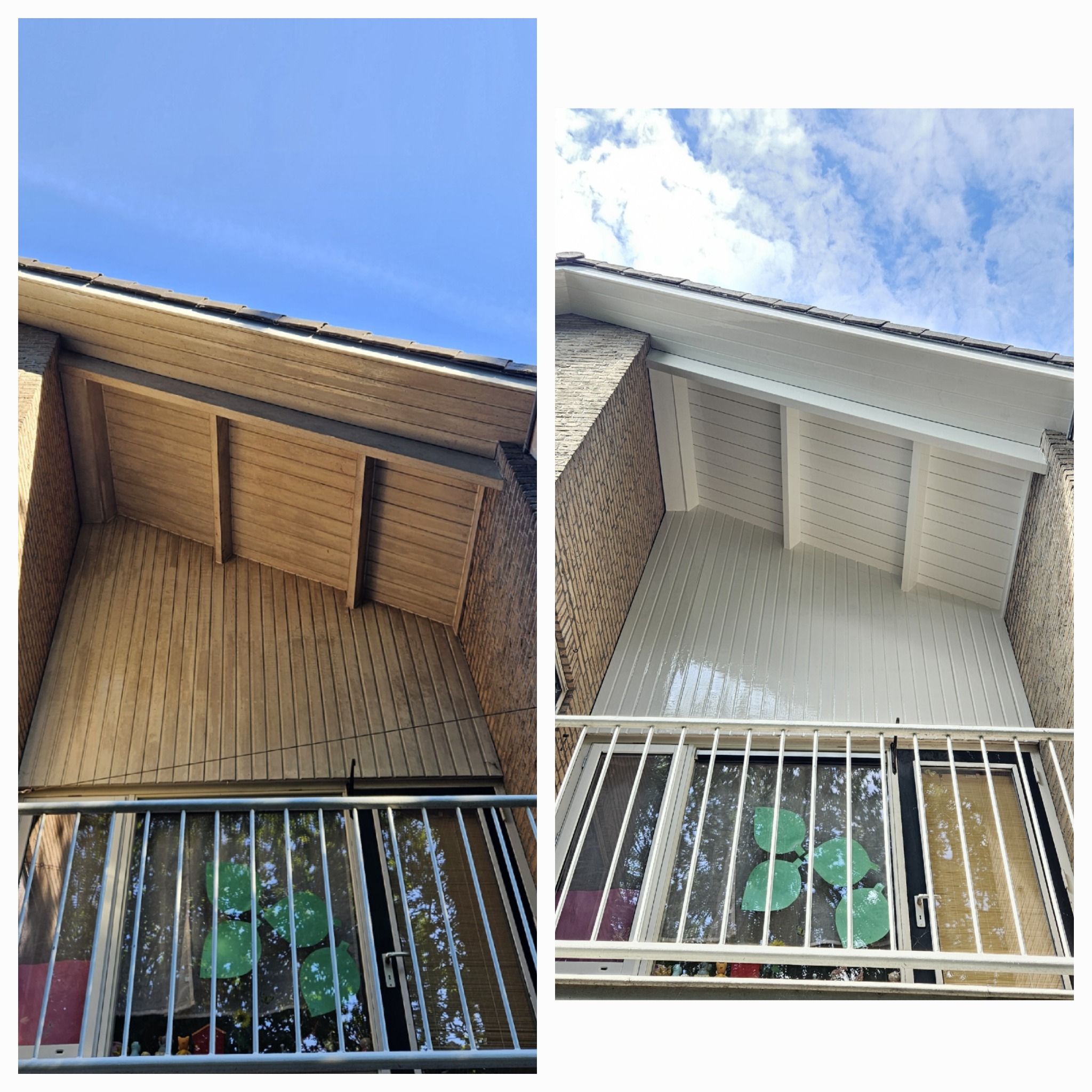 Zdjęcie 'przed i po' prezentujące odnowiony balkon z drewnianą boazerią, pomalowany na biało. Widoczna metalowa balustrada i fragment okna z dekoracją.