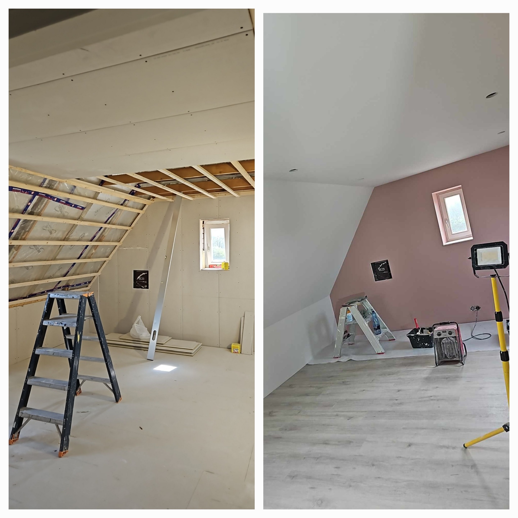 Zdjęcie typu 'przed i po' prezentuje pokój na poddaszu: surowe płyty gipsowe i drewniana konstrukcja kontra pomalowane ściany w odcieniach różu i białe wykończenie.