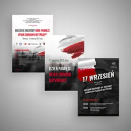 Komplet plakatów informujących o obchodach Dnia Pamięci Ofiar Zbrodni Katyńskiej i 84. rocznicy sowieckiej agresji na Polskę, z datami i programami uroczystości.