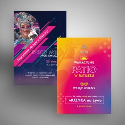 Why Design Dominika Wyspiańska - Dwa plakaty promujące wydarzenia w Oleśnicy: disco pod gwiazdami z zespołem samba art i wakacyjne patio w ratuszu z muzyką na żywo. Kolorowa grafika.