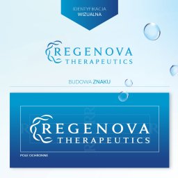 Why Design Dominika Wyspiańska - Projekt identyfikacji wizualnej marki Regeneva Therapeutics prezentujący budowę znaku firmowego i pole ochronne logo na błękitnym tle z elementami graficznymi.