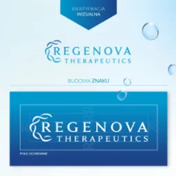 Projekt identyfikacji wizualnej marki Regeneva Therapeutics prezentujący budowę znaku firmowego i pole ochronne logo na błękitnym tle z elementami graficznymi.