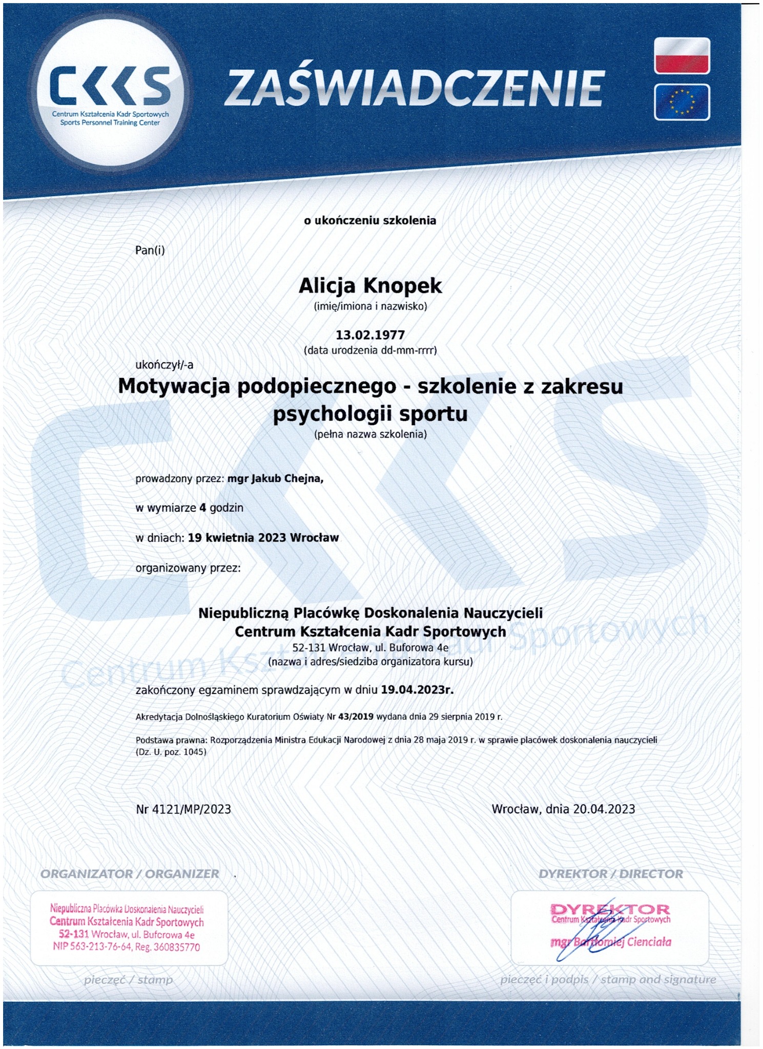 Zaświadczenie ukończenia szkolenia z psychologii sportu dla Alicji Knopek, wydane przez Centrum Kształcenia Kadr Sportowych we Wrocławiu, z datą 20.04.2023.