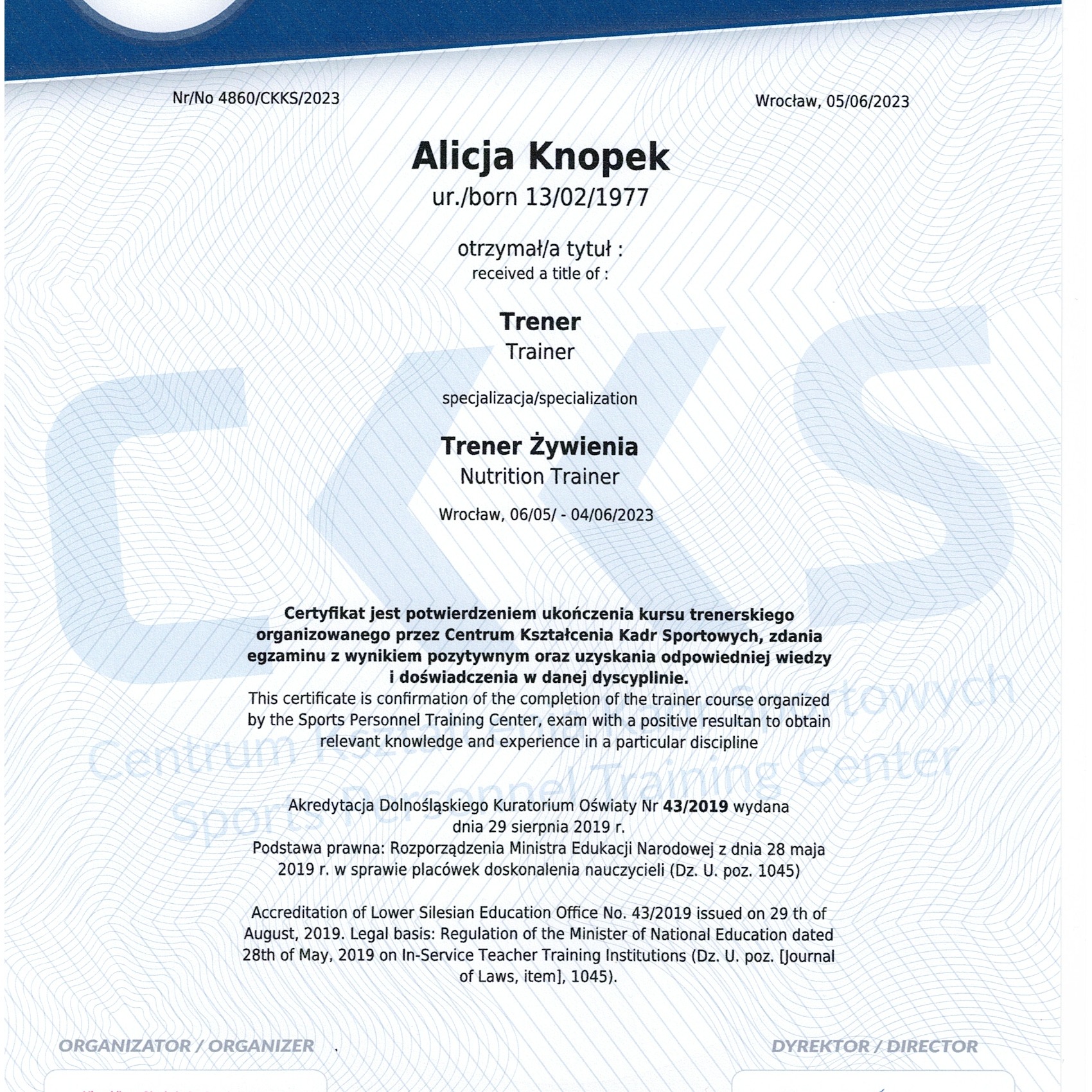 Certyfikat trenera żywienia Alicji Knopek, wydany we Wrocławiu w 2023 roku. Dokument potwierdza ukończenie kursu i uzyskanie kwalifikacji.