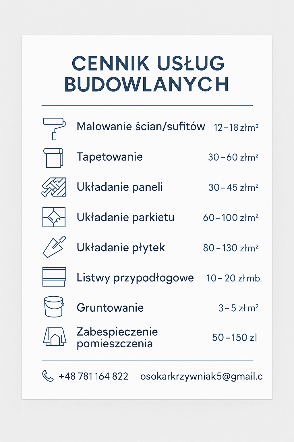 Cennik usług budowlanych: malowanie, tapetowanie, układanie paneli, parkietu, płytek, listwy przypodłogowe, gruntowanie, zabezpieczenie pomieszczenia. Kontakt telefoniczny i mailowy.