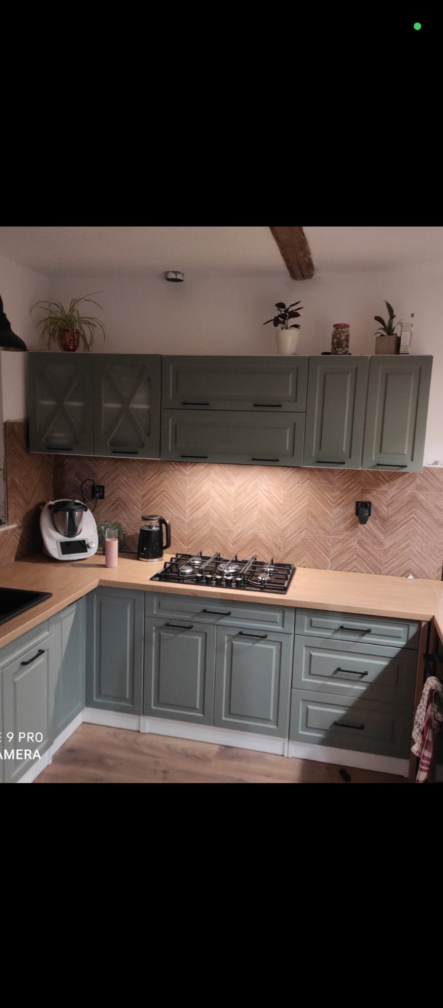 Kuchnia w stylu rustykalnym z zielonymi szafkami, drewnianym blatem i ścianą w jodełkę. Na blacie kuchenka gazowa i akcesoria. Na górnych szafkach rośliny.