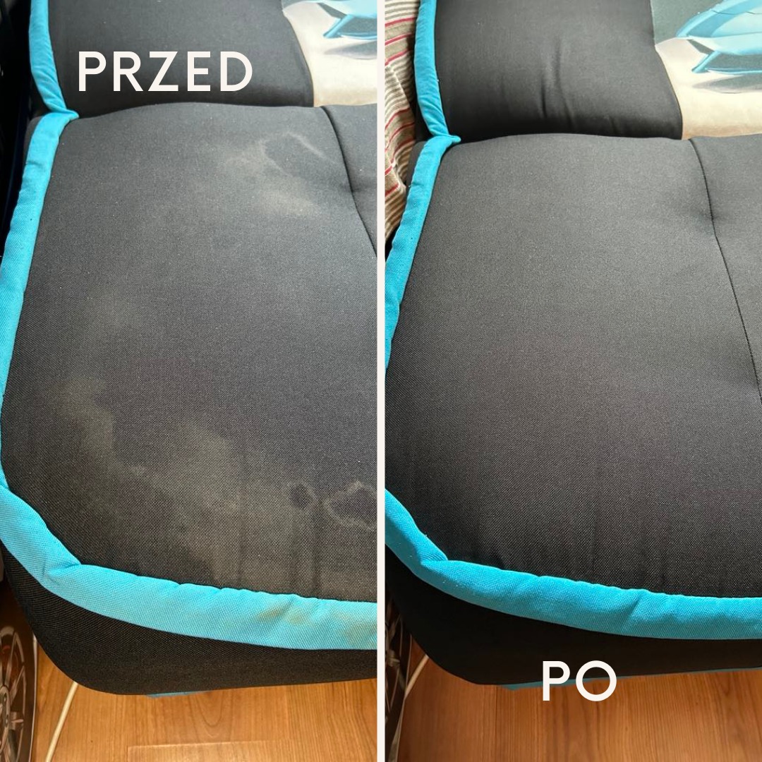 Tapicerka fotela samochodowego: widok przed, z widocznymi plamami, i po praniu, ukazujący czystą, odświeżoną powierzchnię z jasną lamówką.