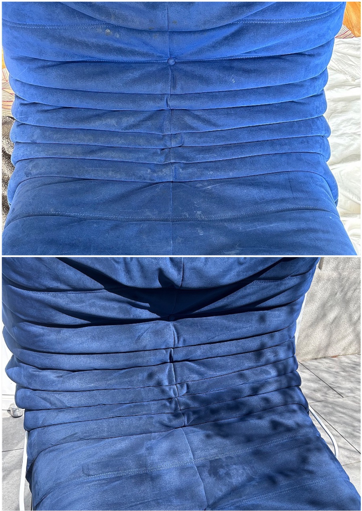 Zdjęcie krzesła tapicerowanego w odcieniach niebieskiego, podzielone na dwie części: górna pokazuje zabrudzenia, dolna - efekt po czyszczeniu. Widoczne detale faktury materiału.