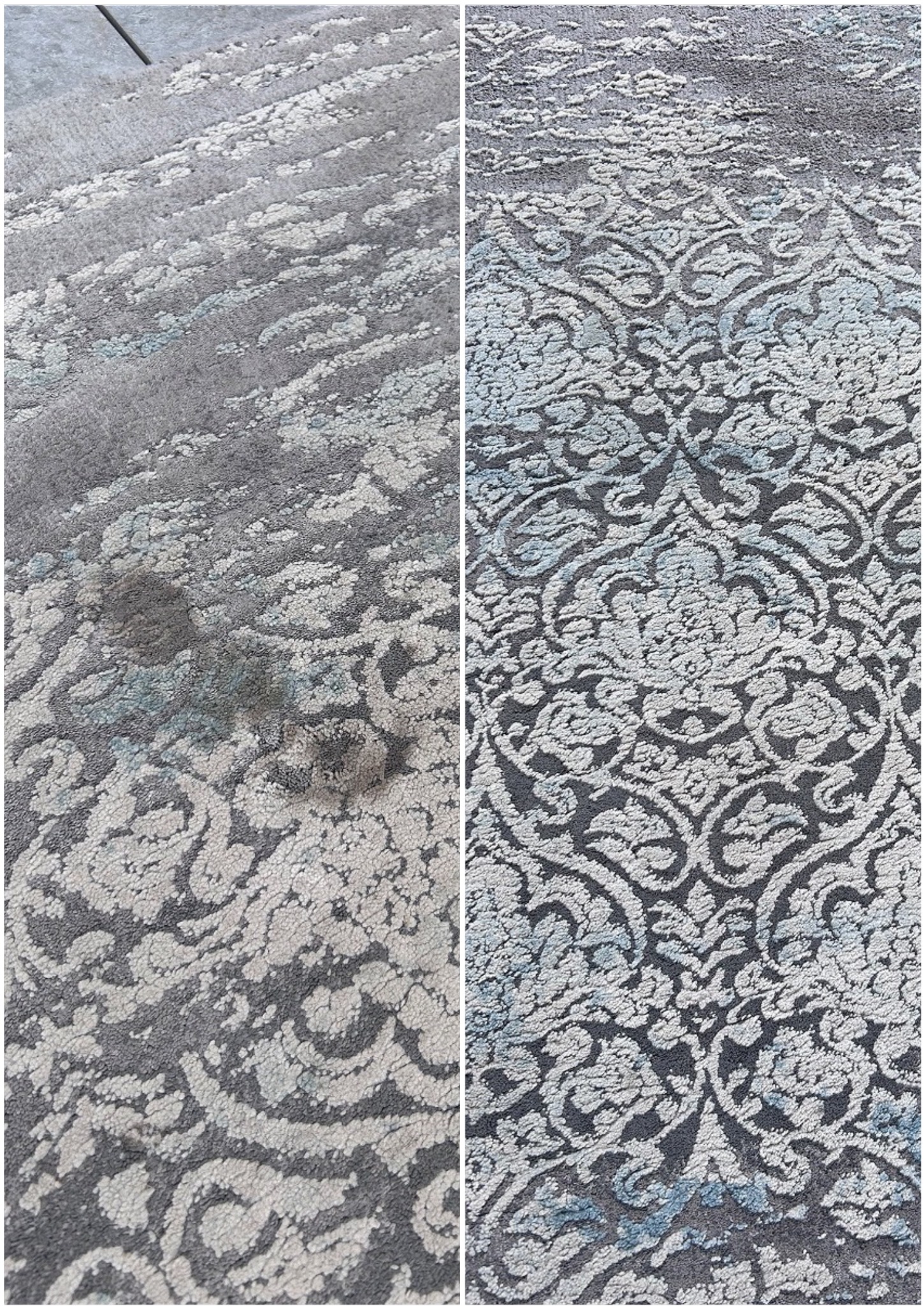 Dywan wzorzysty, szary, podzielony na dwie części: zabrudzoną i wyczyszczoną. Efekt prania dywanu, widoczny kontrast przed i po.