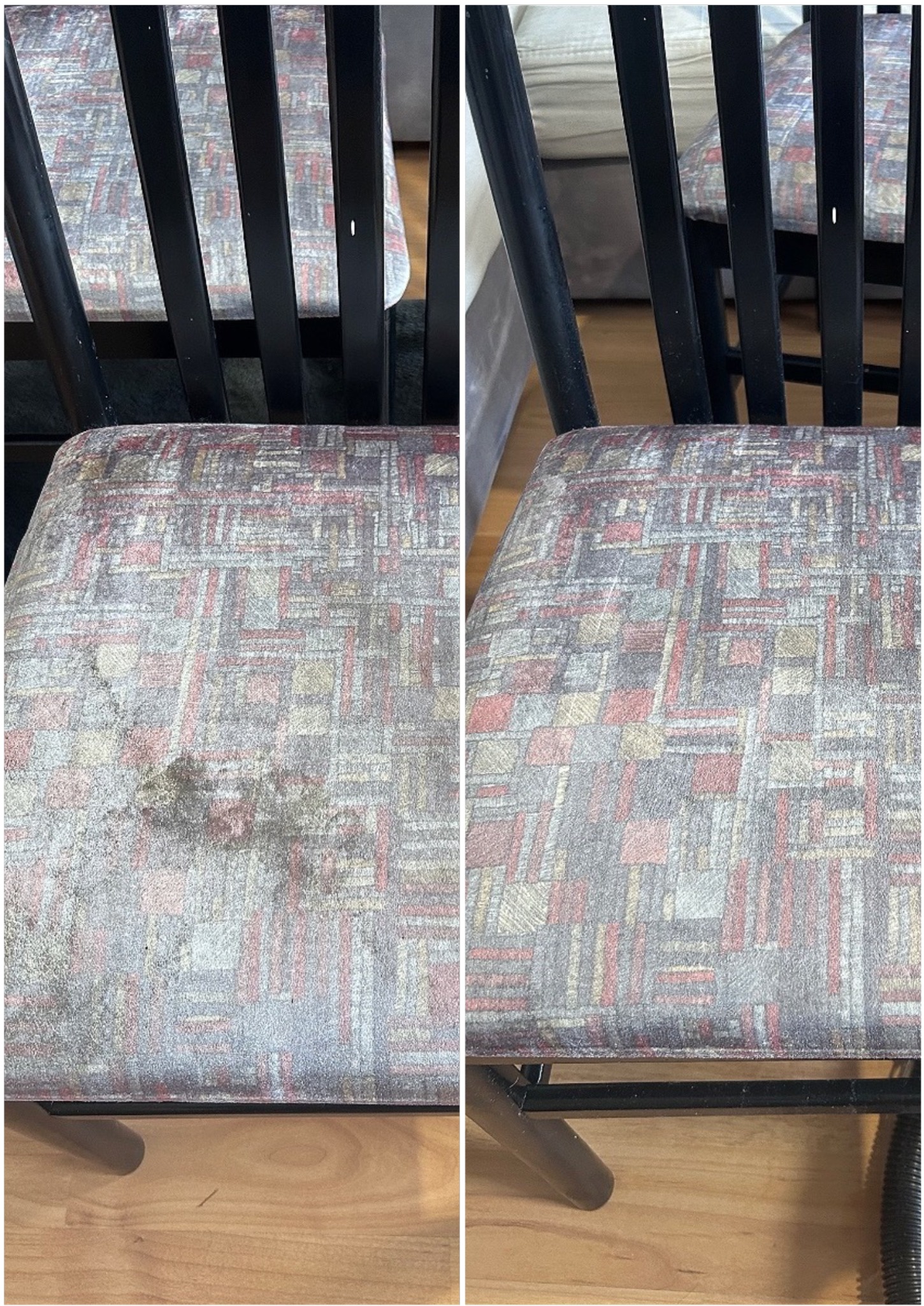 Krzesło tapicerowane: po lewej z plamą, po prawej po czyszczeniu. Widoczny wzór geometryczny tapicerki i czarne metalowe nogi.