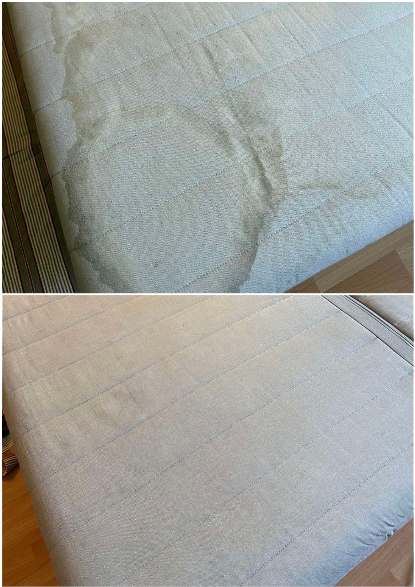 Materac po praniu: widoczne plamy przed i czysty materac po zabiegu. Efekt 'przed i po' na jasnym, pikowanym materacu.