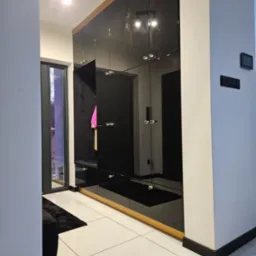 Czarna, lustrzana szafa wnękowa z złotymi akcentami i ozdobnymi uchwytami w przedpokoju. Widoczne odbicie wnętrza szafy i fragment czarnego dywanu.