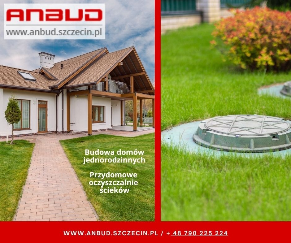 Elegancki dom jednorodzinny z brązowym dachem i przydomowa oczyszczalnia ścieków z zielonymi pokrywami w trawie. Zdjęcie z podziałem pionowym.