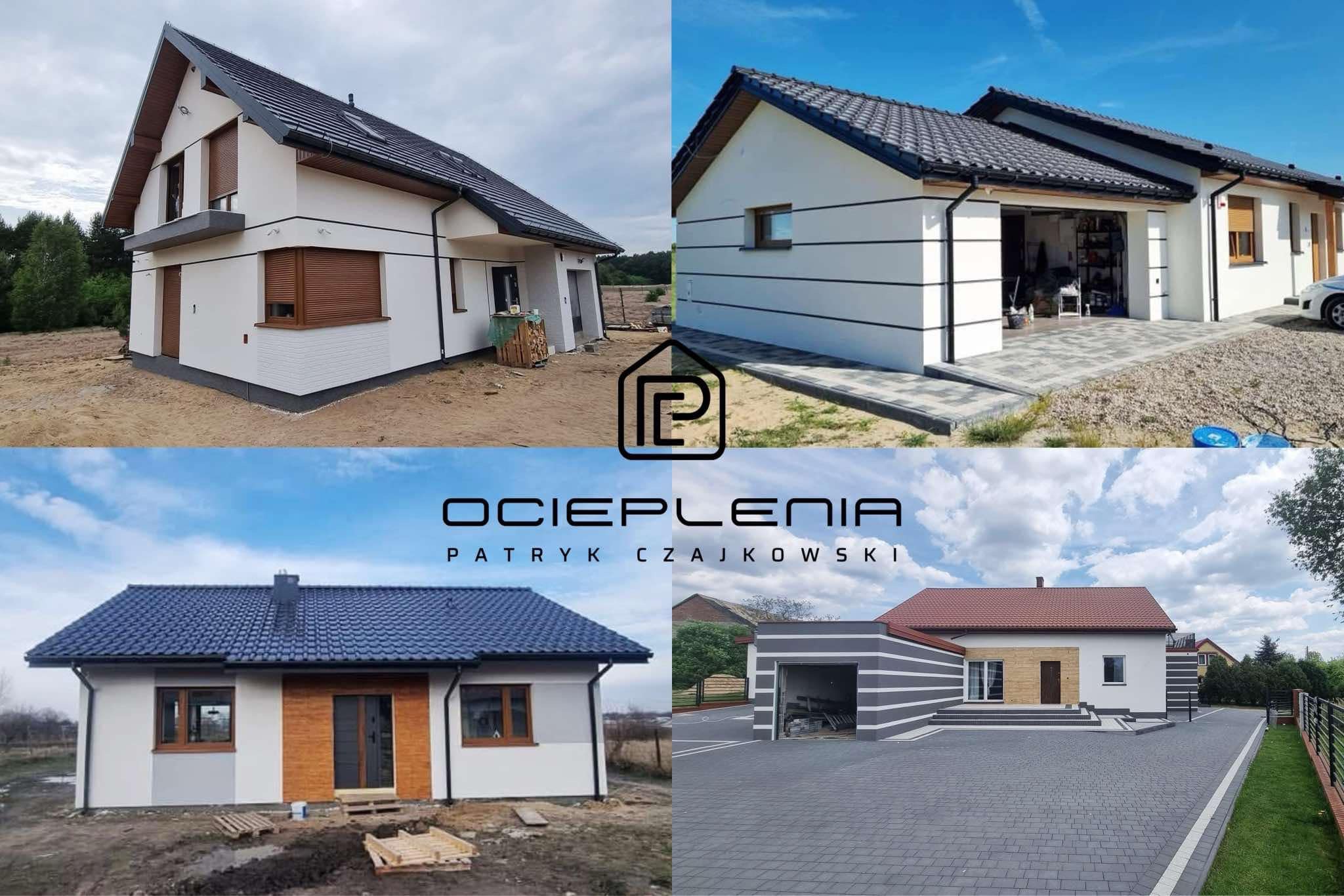 Kolaż czterech zdjęć domów jednorodzinnych po renowacji elewacji, ukazujący różnorodność stylów i wykończeń. Domy z jasną elewacją, ciemnymi dachami i elementami dekoracyjnymi.