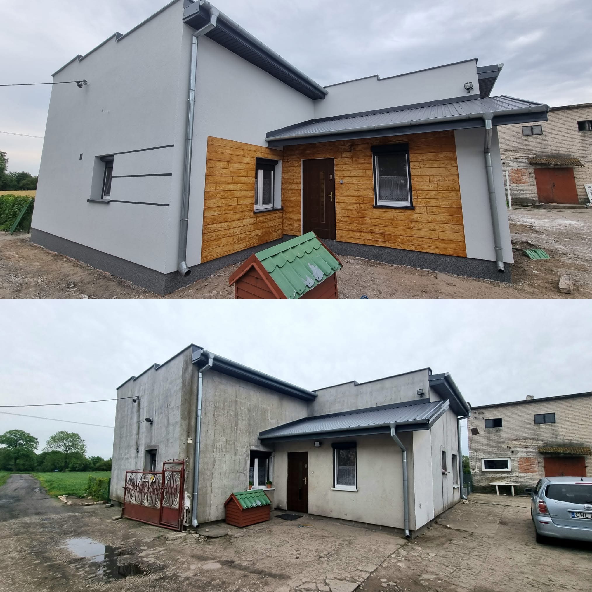Zdjęcie 'przed i po' prezentujące metamorfozę elewacji domu: od szarej, surowej powierzchni do jasnej z drewnianymi akcentami. Widoczne zmiany w kolorystyce i wykończeniu.
