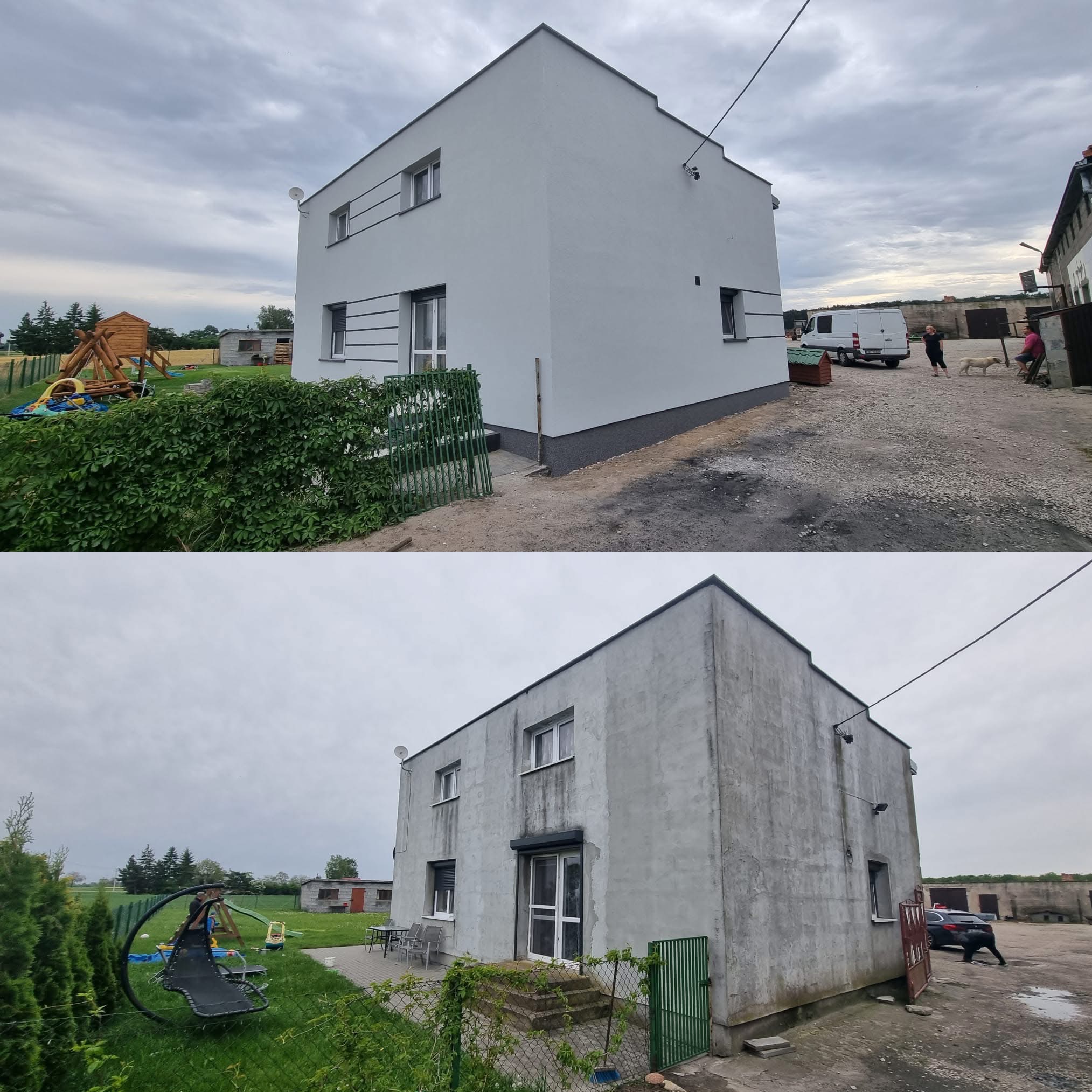 Porównanie elewacji domu przed i po odnowieniu. Górna część ukazuje budynek po malowaniu na szaro, a dolna część pokazuje stan przed renowacją.