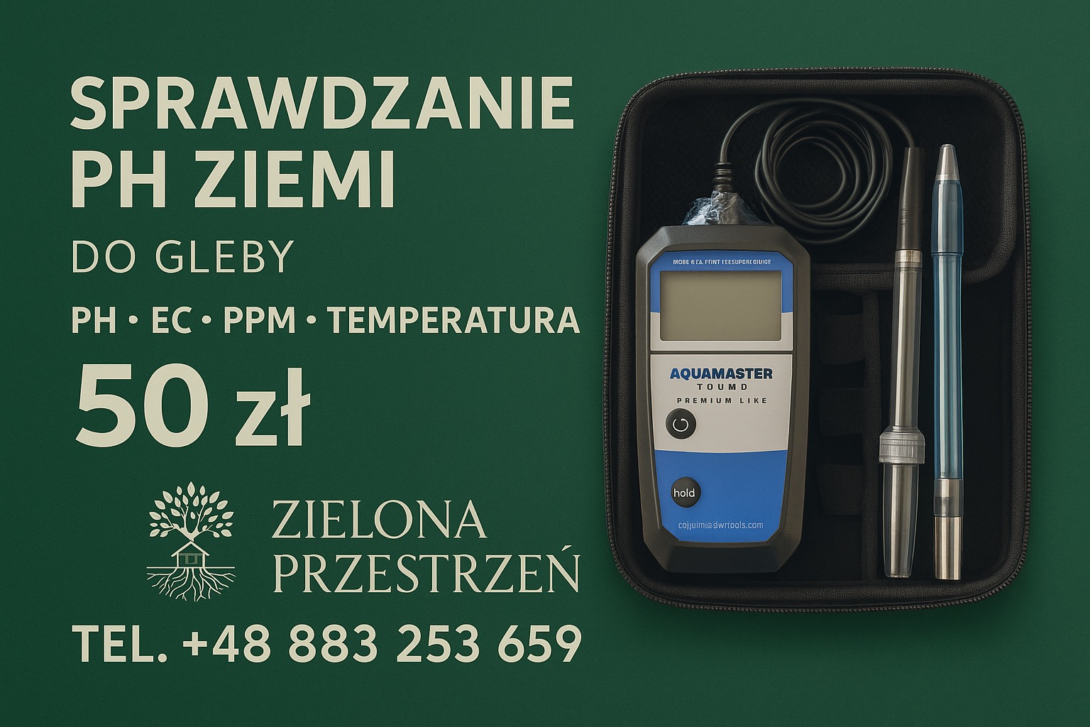 Pomiar pH gleby: urządzenie Aquamaster w etui, z sondami i przewodem. Tekst informuje o sprawdzaniu pH ziemi, EC, PPM i temperatury za 50 zł. Kontakt: Zielona Przestrzeń.