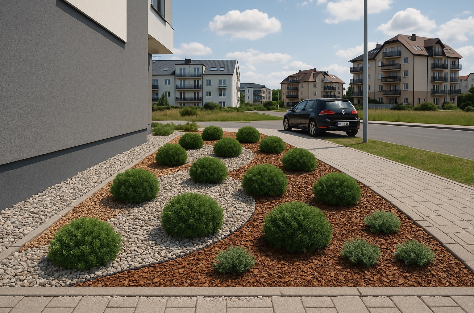 Kompaktowe, kuliste krzewy ozdobne na korze i białym żwirze, kontrastujące z nowoczesną architekturą budynku i chodnikiem z kostki. Czarny samochód w tle.