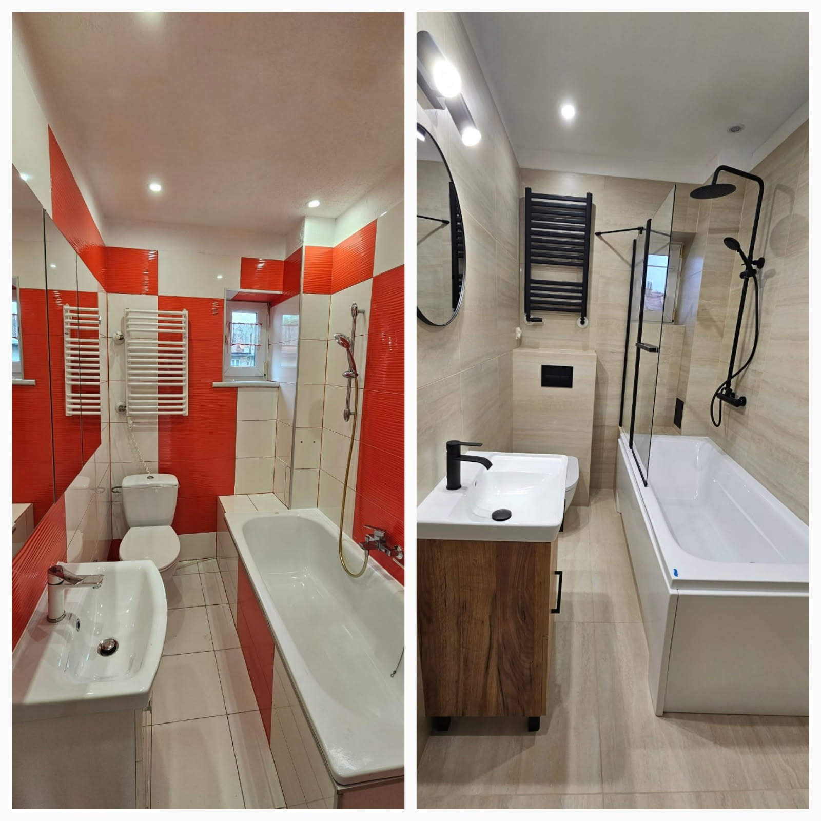 Porównanie łazienki przed i po remoncie: od kwadratowej czerwono-białej mozaiki do beżowych płytek, z nową armaturą i kabiną prysznicową.