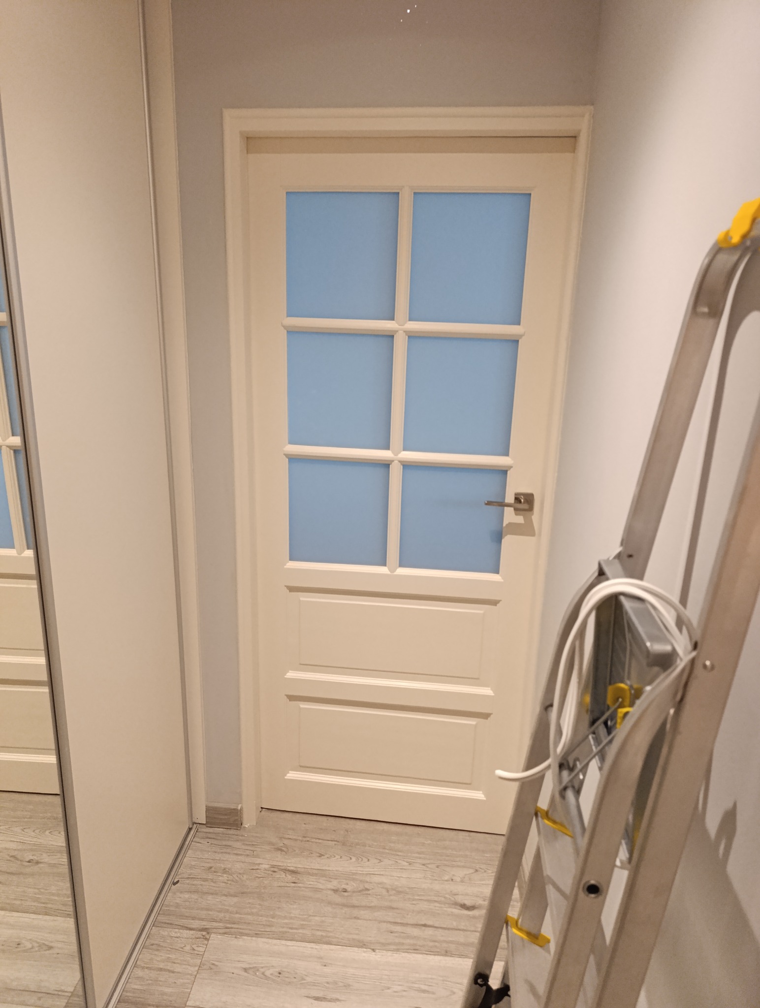 Białe, przeszklone drzwi wewnętrzne z klamką, ustawione w ościeżnicy. Obok drabina malarska i fragment szafy wnękowej. Podłoga panelowa.