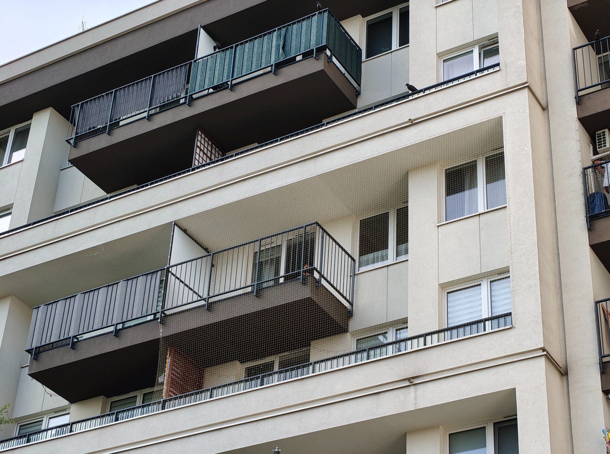 Wielopiętrowy budynek z balkonami zabezpieczonymi siatką ochronną przed ptakami, widok z dołu, neutralne oświetlenie.