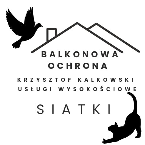 Grafika z logotypem 'Balkonowa Ochrona' Krzysztof Kalkowski – usługi wysokościowe, siatki. Sylwetki gołębia i kota w czerni.
