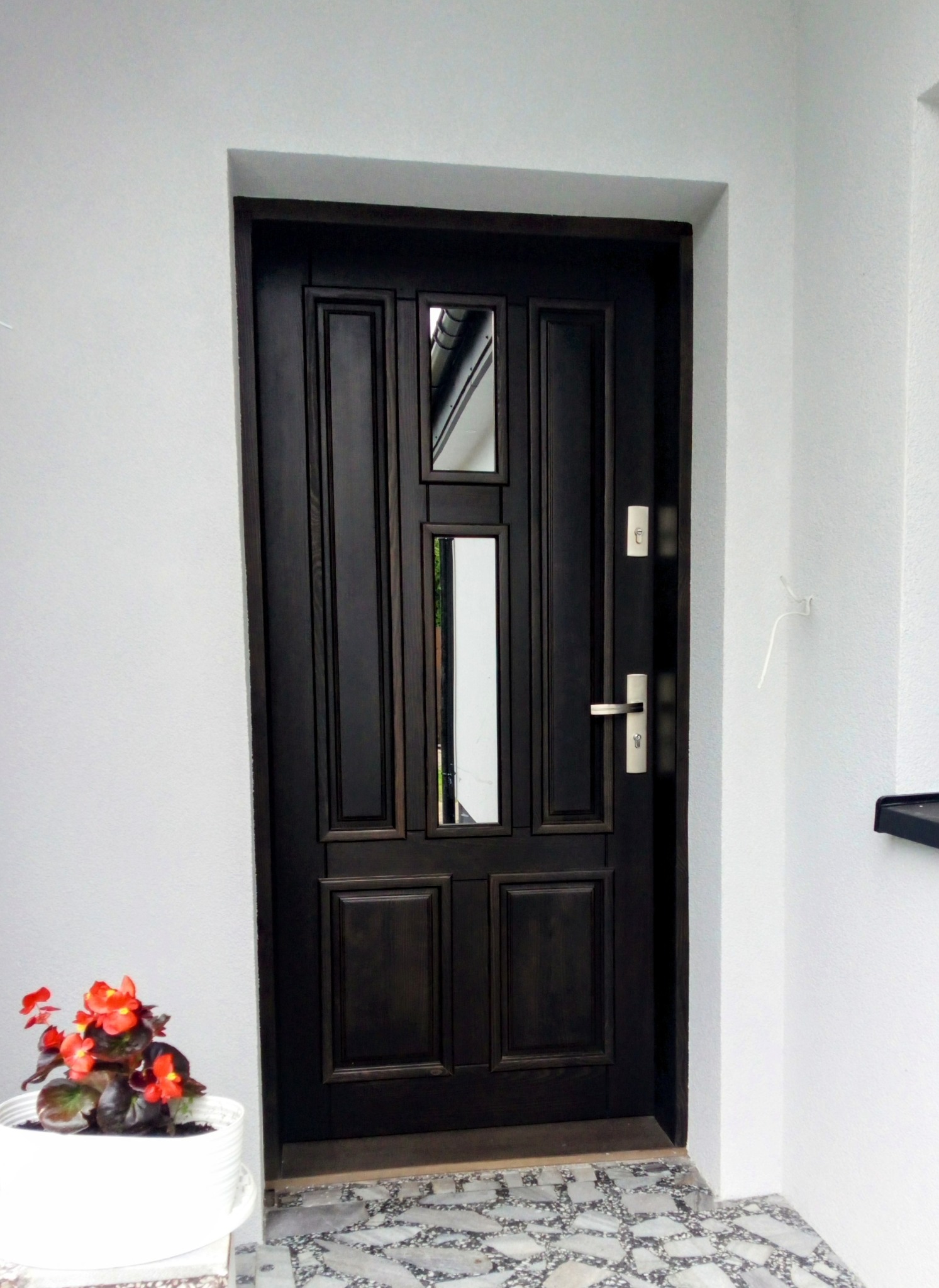 Ciemne, zewnętrzne drzwi wejściowe z przeszkleniami, zamontowane w białej ścianie. Na dole donica z czerwonymi kwiatami, wykończenie podłogi mozaikowe.