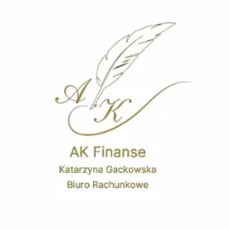 Logo 'AK Finanse' z piórem, Katarzyna Gackowska Biuro Rachunkowe. Złoty motyw na białym tle, elegancki font.
