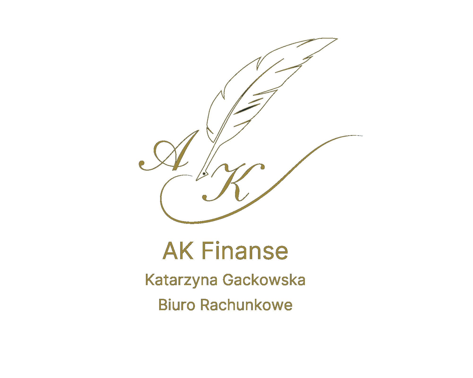 Logo 'AK Finanse' z piórem, Katarzyna Gackowska Biuro Rachunkowe. Złoty motyw na białym tle, elegancki font.