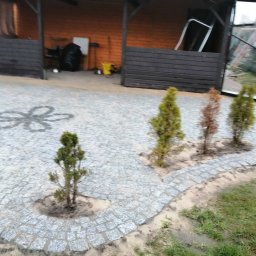 Tombud - Granitowa nawierzchnia z dekoracyjnym wzorem kwiatowym i nasadzeniami iglaków, tworząca estetyczny podjazd. Widoczna altana w tle.