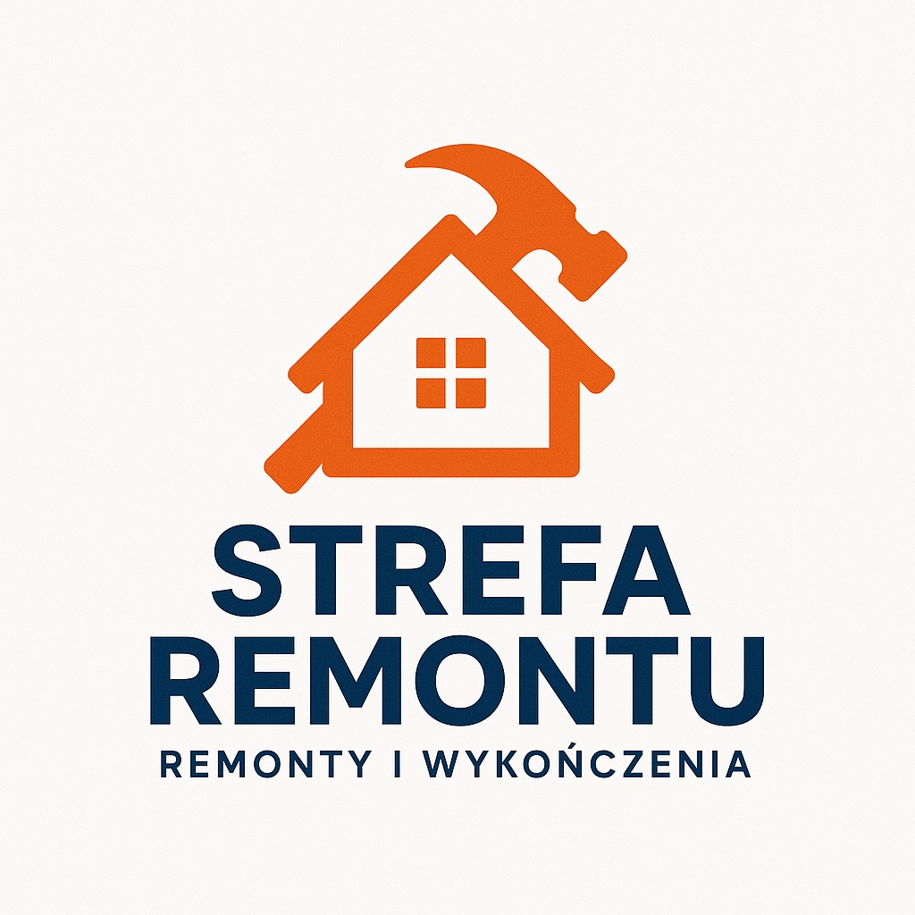 Graficzne logo firmy 'Strefa Remontu', z pomarańczowym symbolem domu i młotka, oraz granatowym napisem 'Remonty i Wykończenia'.