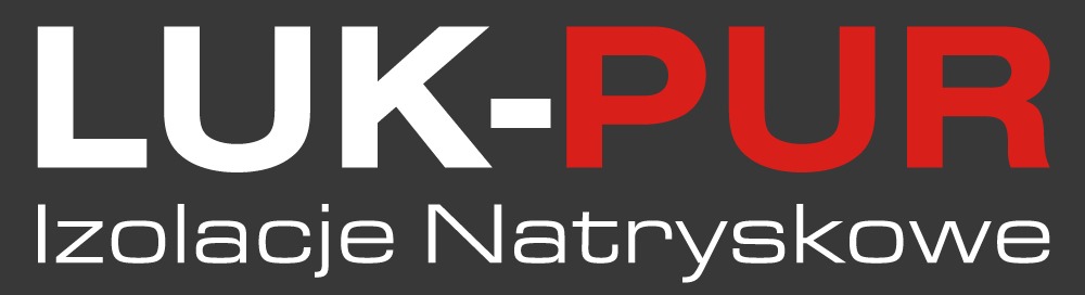 Logo firmy LUK-PUR Izolacje Natryskowe na szarym tle. Biało-czerwona kolorystyka, nowoczesny font.