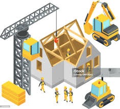 Grafika 3D: budowa domu w toku. Żółty dźwig podnosi element konstrukcyjny. Robotnicy w kaskach i kombinezonach. Koparka i spychacz w tle. Lekka, kreskówkowa estetyka.