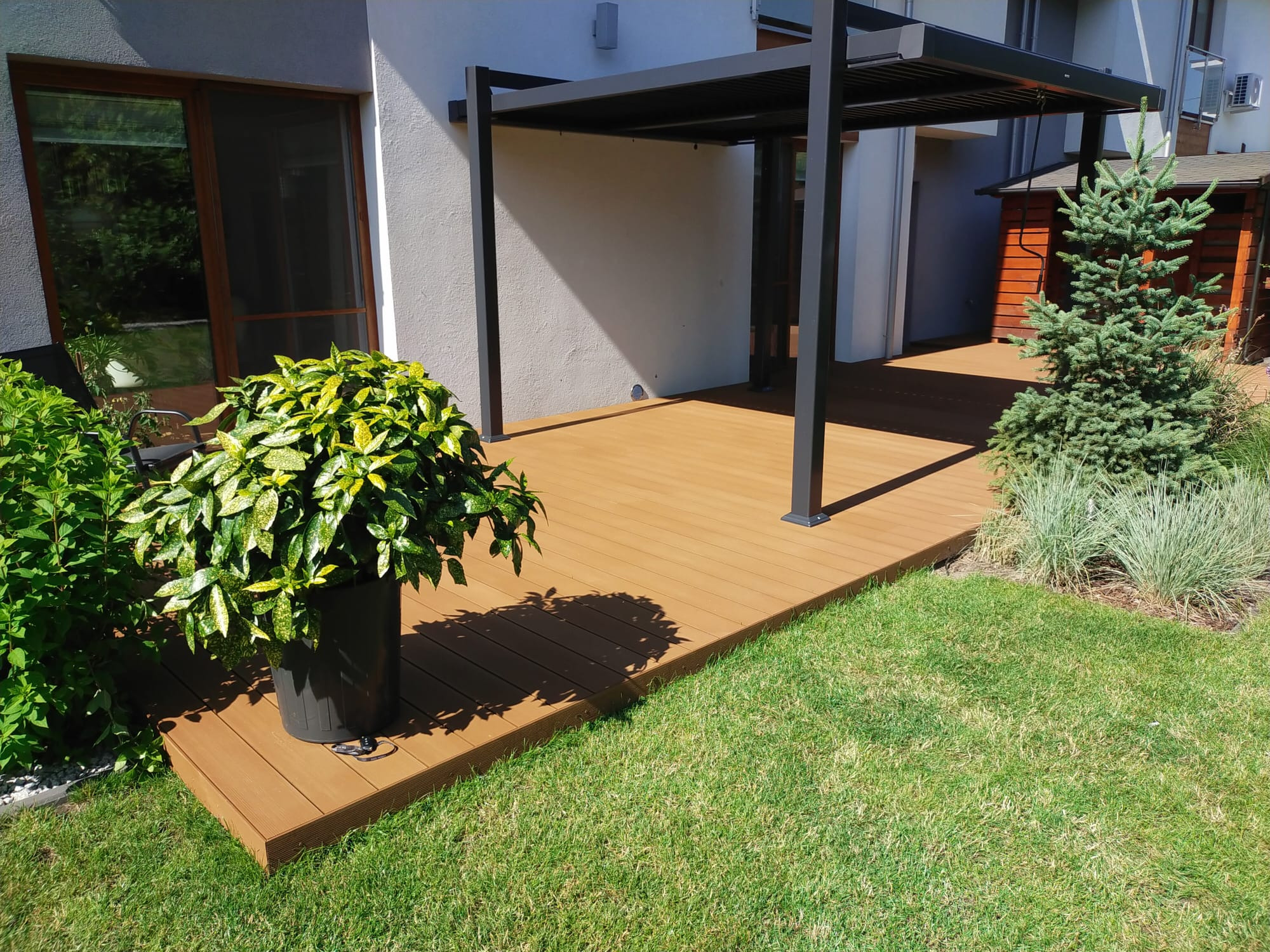 Nowoczesny taras z kompozytu w kolorze drewna, zadaszony pergolą. Donica z rośliną i świerk karłowy dodają uroku. Widok na dom z dużym oknem przesuwnym.