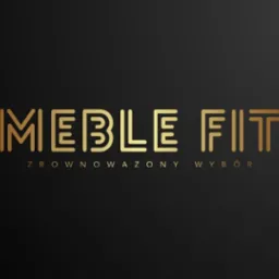 Złoty logotyp 'MEBLE FIT' na czarnym tle. Minimalistyczny design z hasłem 'ZRÓWNOWAŻONY WYBÓR' pod spodem. Eleganckie i nowoczesne.