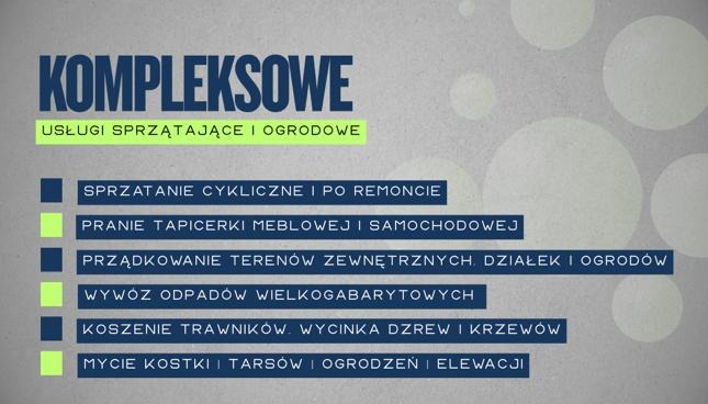 Grafika reklamowa usług: sprzątanie cykliczne, po remoncie, pranie tapicerki, porządkowanie terenów, wywóz odpadów, koszenie trawników, wycinka drzew, mycie kostki.
