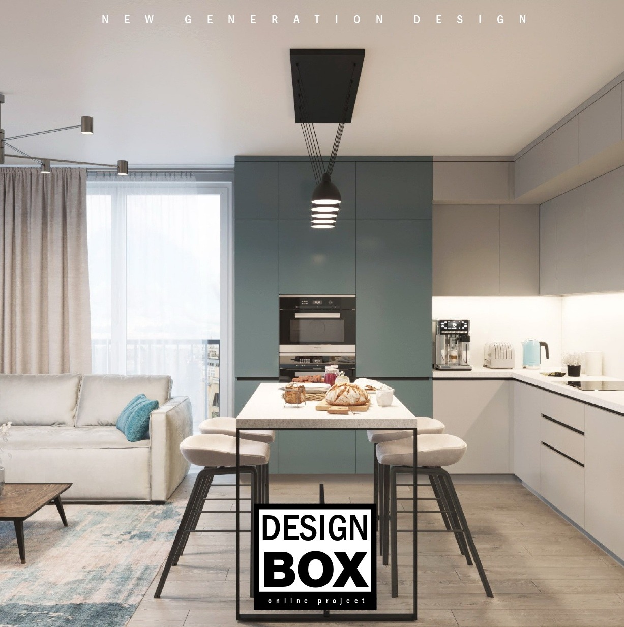 Nowoczesna aranżacja wnętrza: otwarta kuchnia z wyspą i salonem. Stonowana kolorystyka, minimalistyczne meble, dekoracyjne oświetlenie. Widok na balkon.