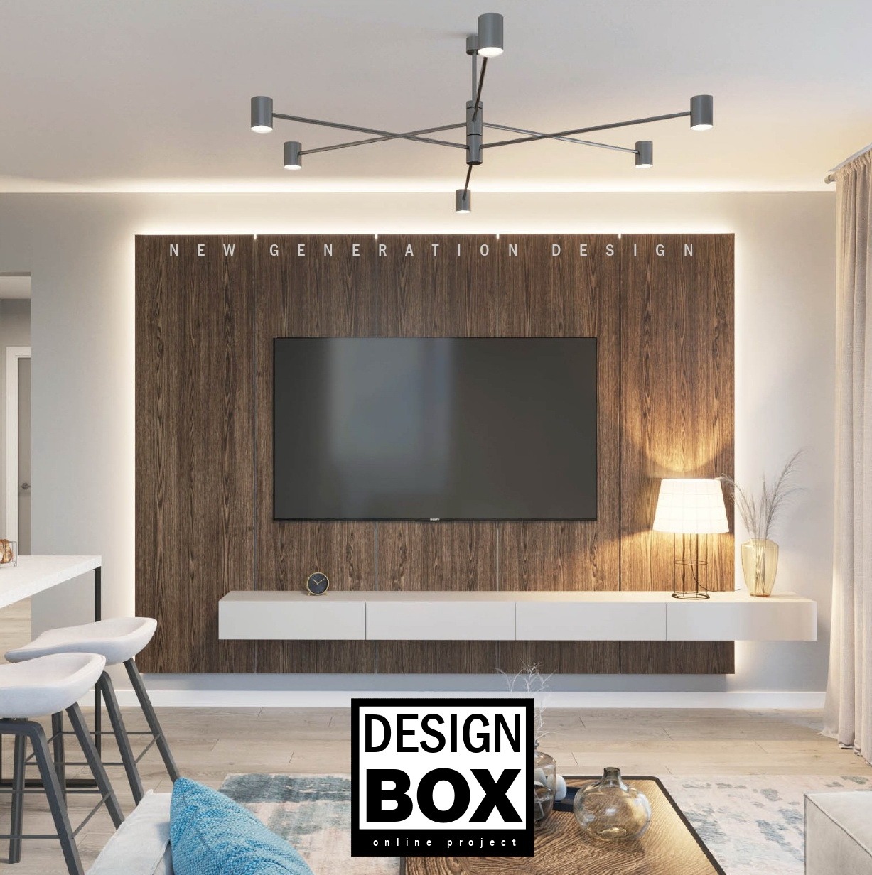 Nowoczesny salon z drewnianą ścianą TV, podświetlaną listwą LED i designerską lampą sufitową. Minimalistyczny wystrój z białymi meblami i barowymi krzesłami.