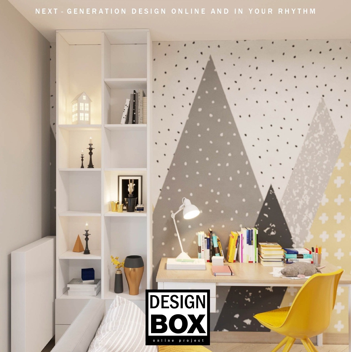 Pokój młodzieżowy z biurkiem, regałem i tapetą w geometryczne wzory. Żółte krzesło dodaje koloru. Widoczny znak graficzny 'Design Box'.