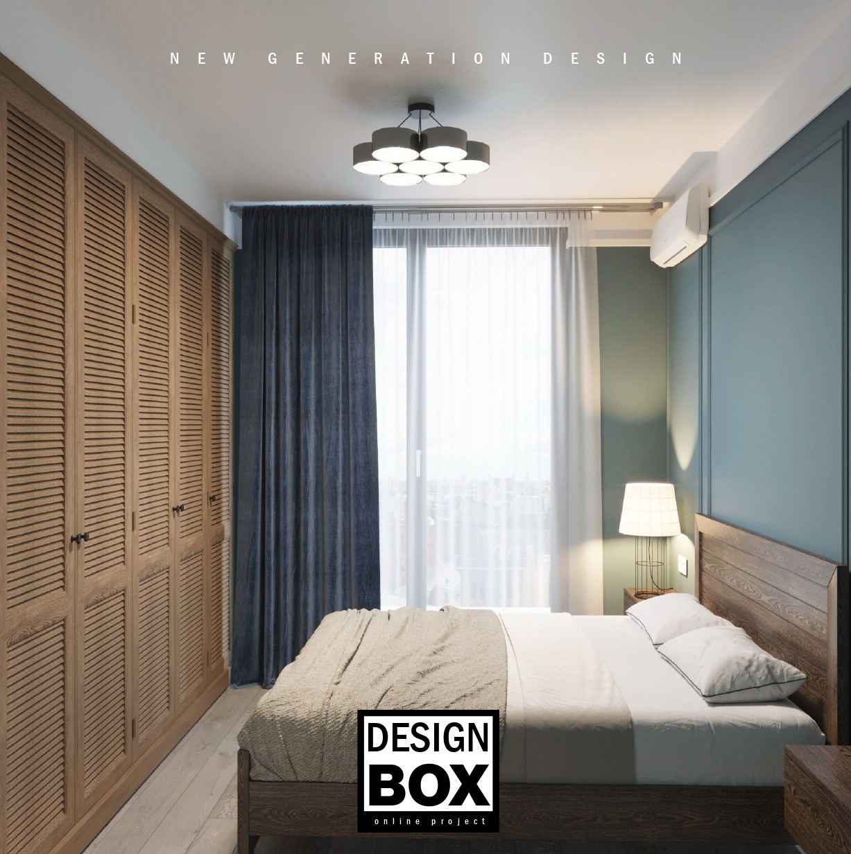 Jasna sypialnia z drewnianą zabudową szaf, łóżkiem i zasłonami w odcieniach szarości. Widoczne okno z widokiem na miasto i designerska lampa sufitowa.