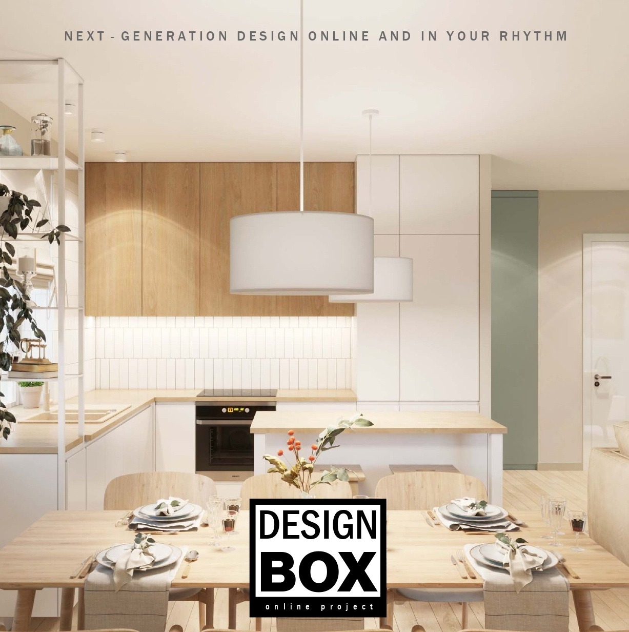 Jasna kuchnia z drewnianymi akcentami i stołem jadalnym. Nowoczesne lampy wiszące nad stołem. Minimalistyczny design wnętrza z roślinami na półkach.