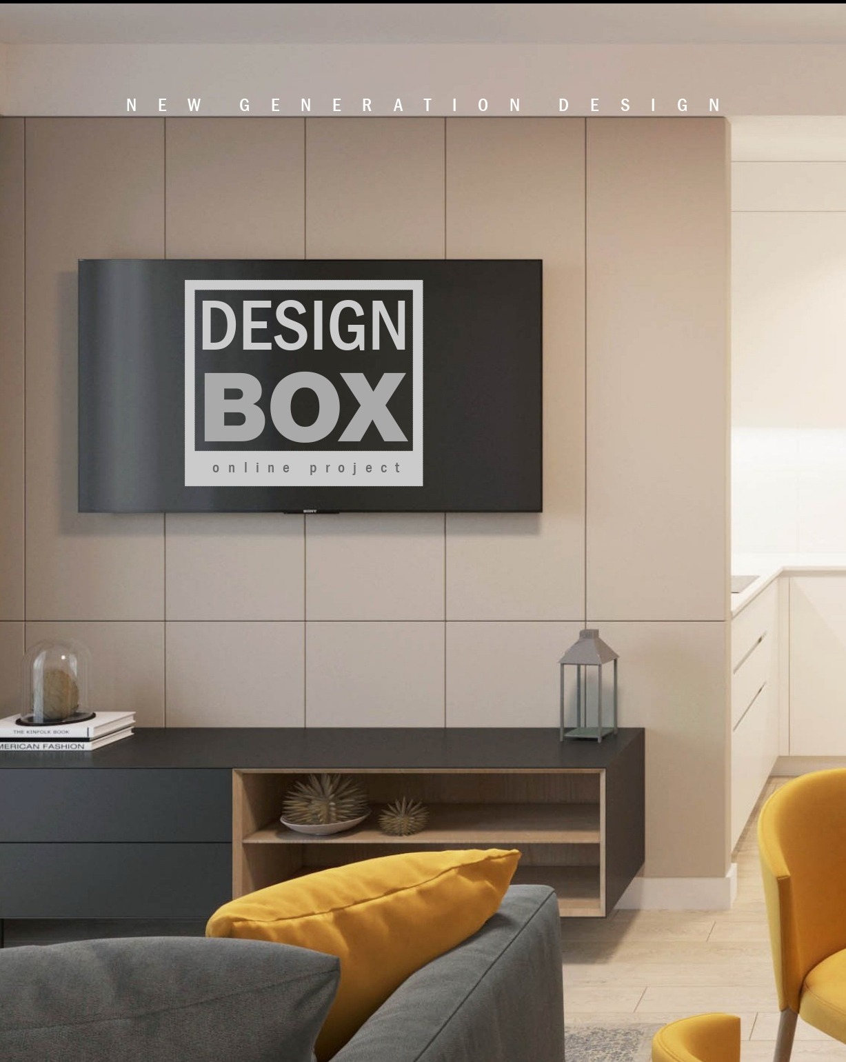 Salon z telewizorem z logo 'Design Box' na ścianie z paneli. Na szafce RTV dekoracje, książki i lampion. W tle widoczna kuchnia i żółte krzesło.